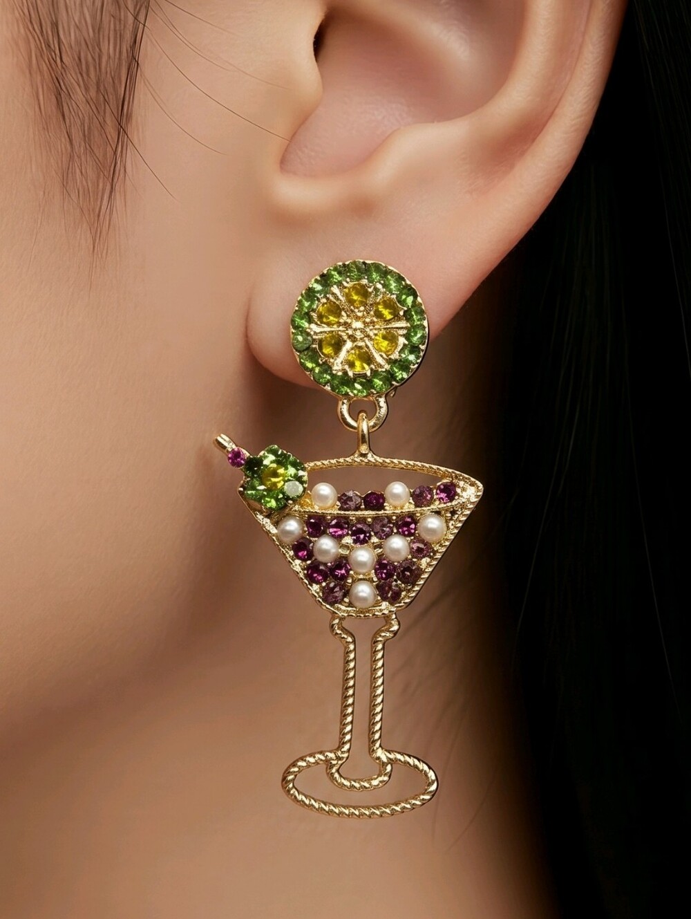 Martini Cocktail Earrings Rhinestone Pearl Gold Dangle Happy Hour Party Jewelry
